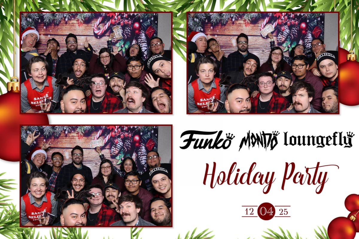 Funko, Mondo, and Loungefly holiday party photo booth with custom branded template featuring all three logos