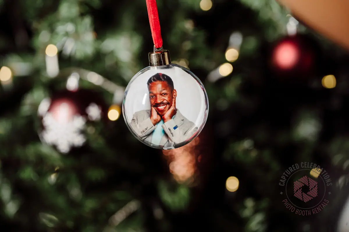 Photo ornament keepsake hanging on a Christmas tree, Captured Celebrations Los Angeles