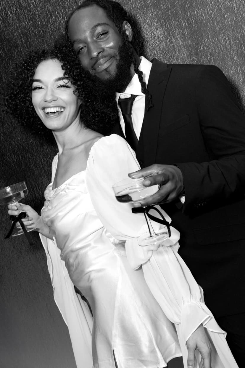 Glam B&W photo booth portrait at Los Angeles wedding — professional ring lighting
