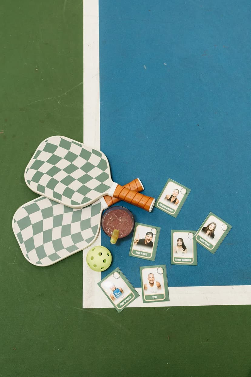 Pickleball court setup with trading card photo booth station at Los Angeles tournament — Captured Celebrations