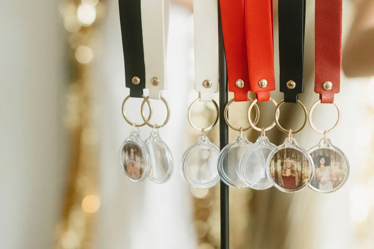 Photo keychain keepsakes on a display stand