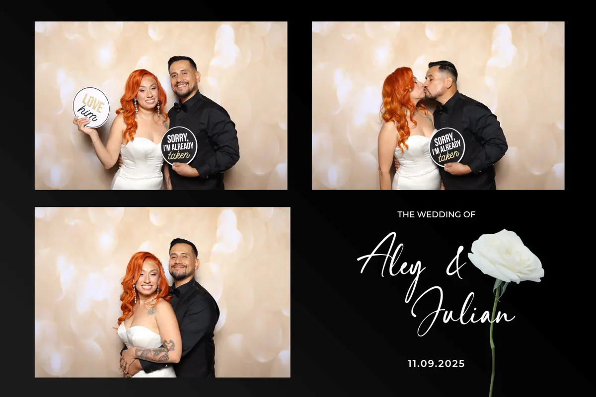 Wedding photo booth print with three photos of the couple and a panel reading The Wedding of Aley & Julian 11.09.2025