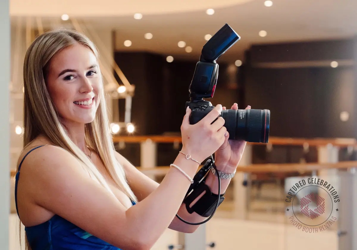 Roaming wedding photographer at Los Angeles venue with string lights