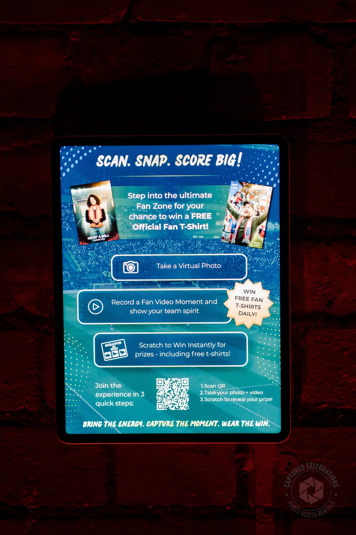 Branded virtual photo booth QR signage at a Los Angeles fan zone activation