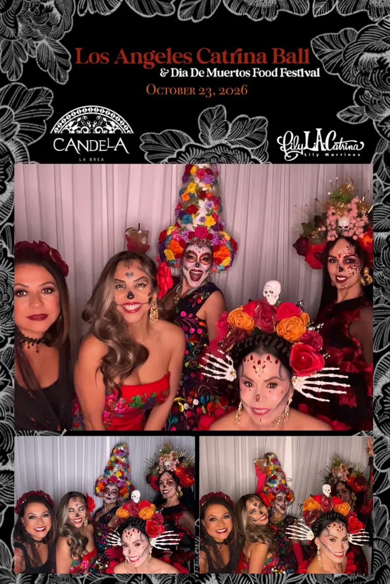 Printed Catrina Ball photo strip from Candela La Brea with a group of costumed guests