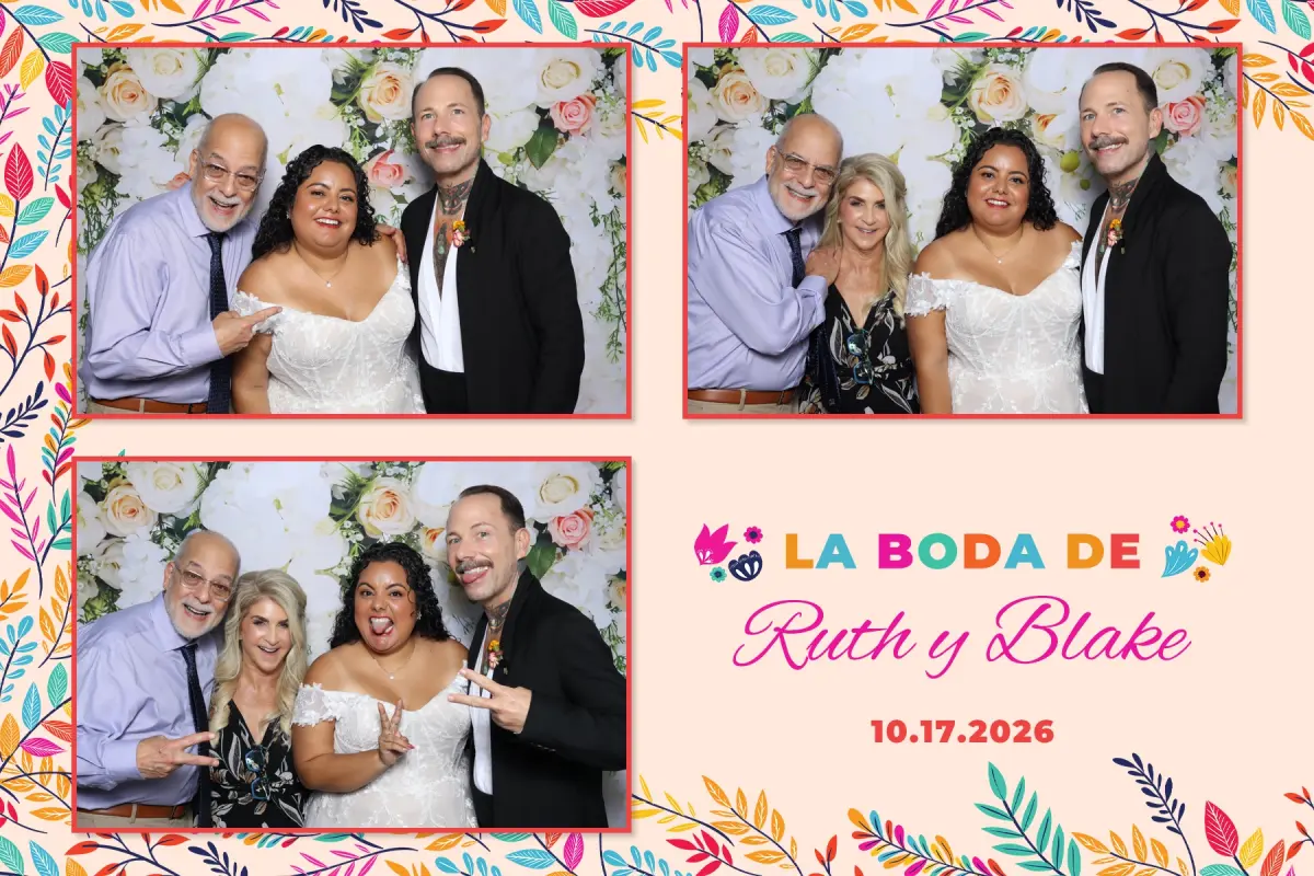 Bride and groom with family at the Rose Flower Wall photo booth, wedding at Chloe's at Golden Road Brewing in Atwater Village