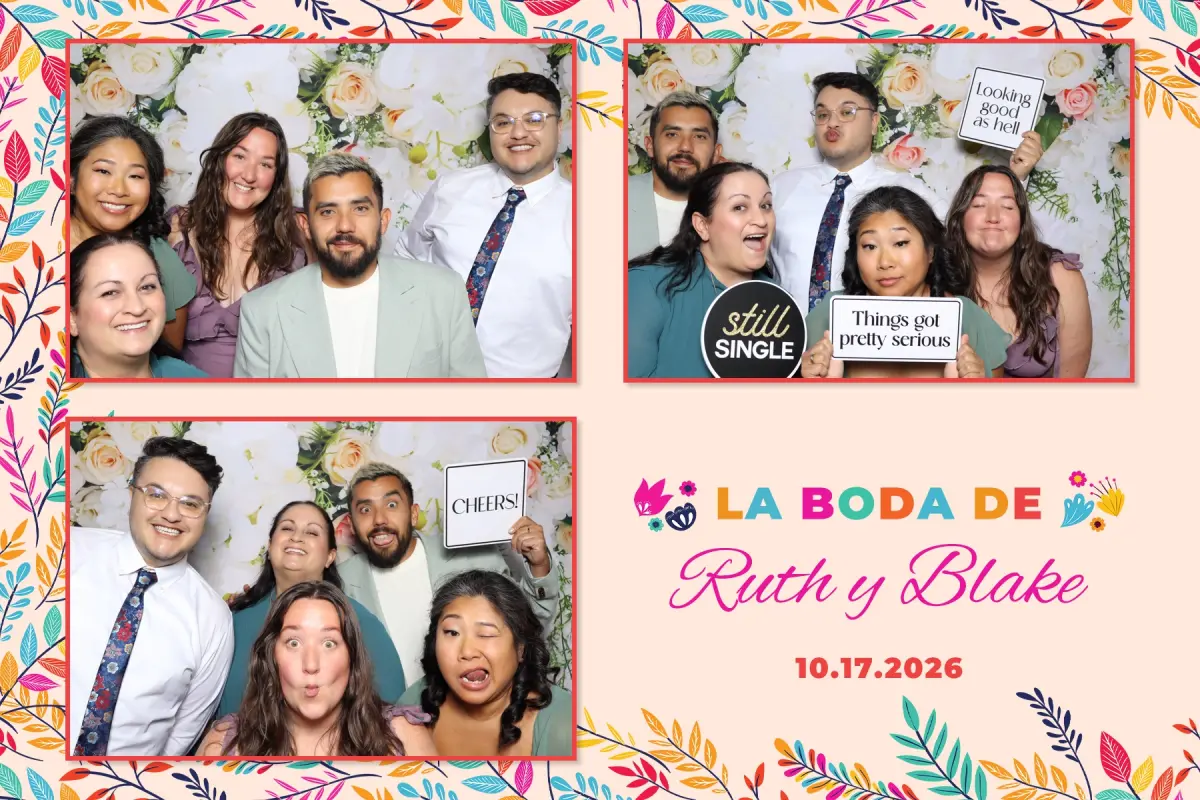 Wedding guests with props signs on a custom La Boda de photo booth print at Chloe's at Golden Road Brewing