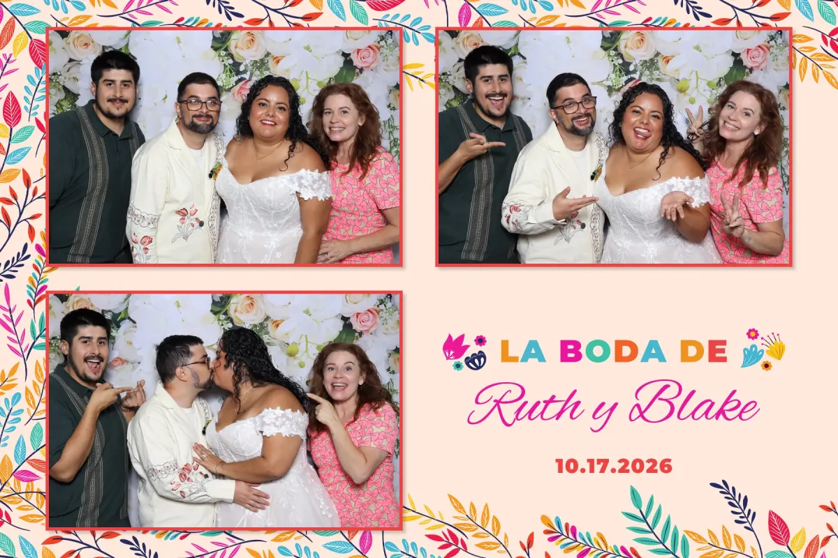 Bride, groom and friends on a three-photo La Boda de print from the Golden Road Brewing speakeasy wedding