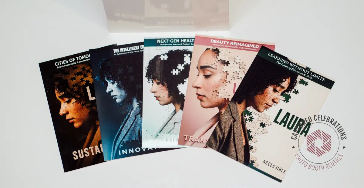 Five branded AI activation photo cards from a multi-concept brand event — Captured Celebrations