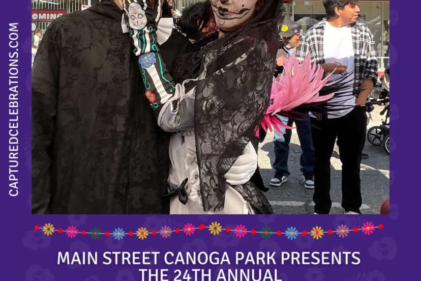 Dia de los Muertos photo booth guests in calavera face paint at Los Angeles festival