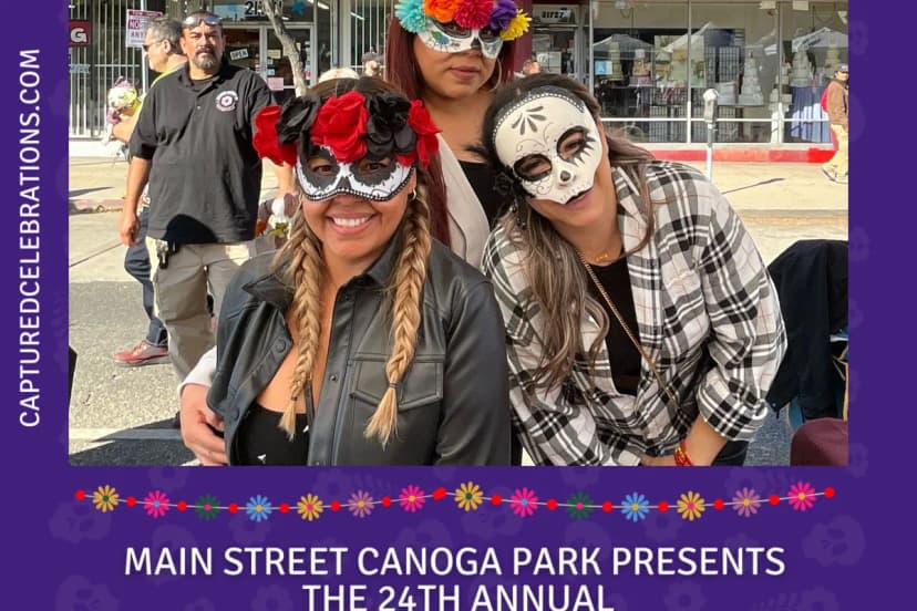 Family posing at Dia de los Muertos photo booth in Canoga Park Los Angeles