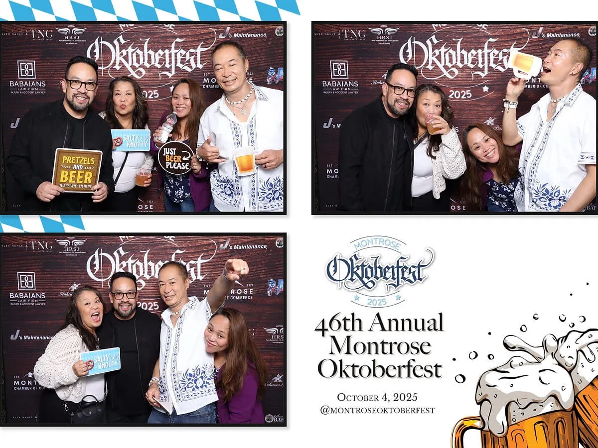 Neighbors celebrating together at the photo booth during Montrose Oktoberfest near Los Angeles