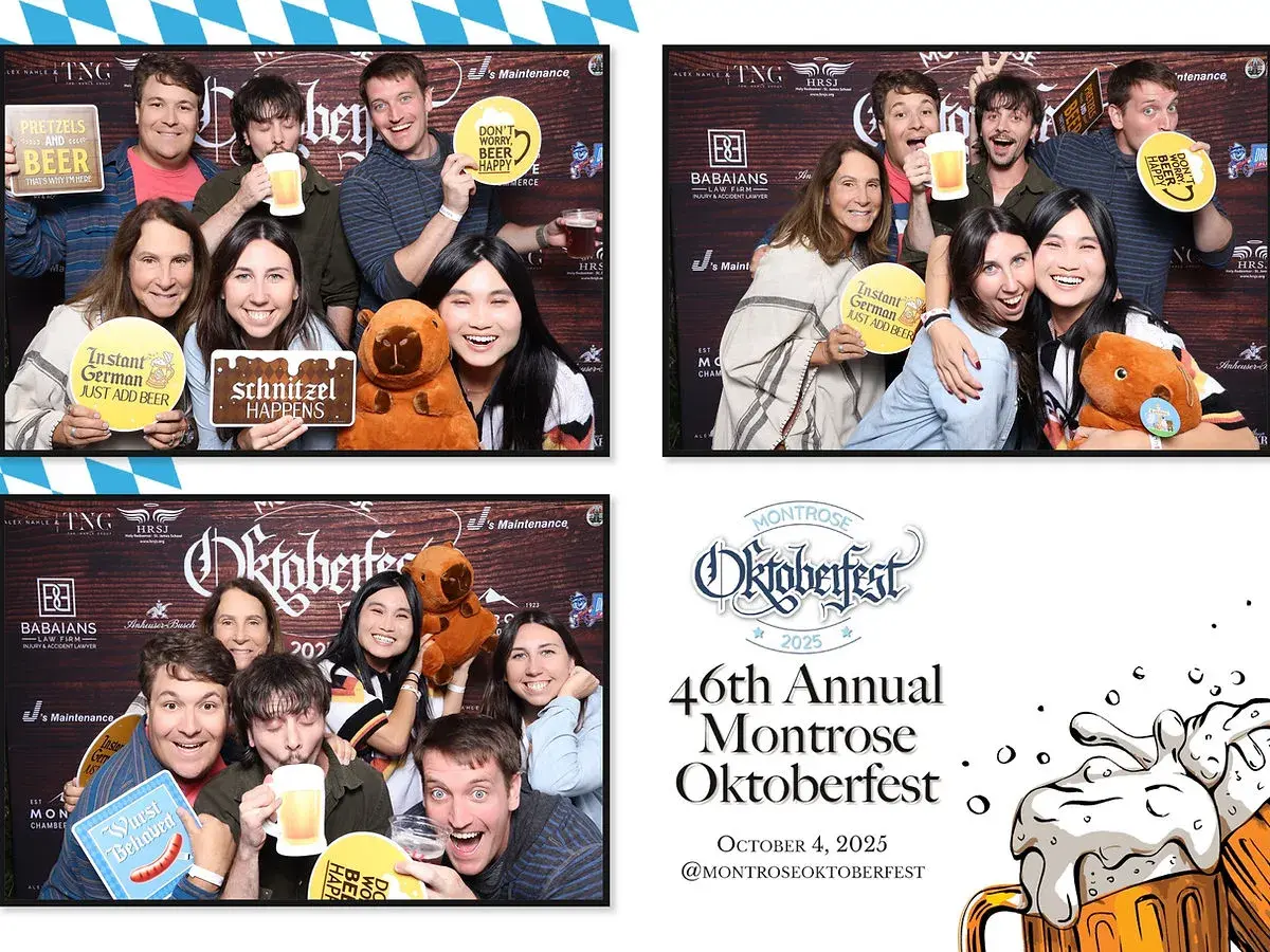 Festival-goers with photo booth prints at Montrose Oktoberfest in the Los Angeles foothills