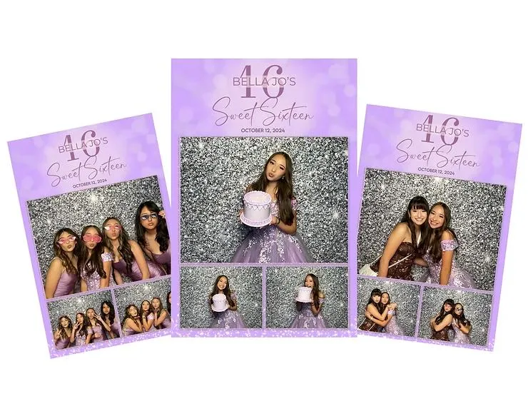 Three photos of a Sweet Sixteen party with girls in purple dresses. One holds a cake. Glittery backdrop, "Bella Jo's Sweet Sixteen" text.