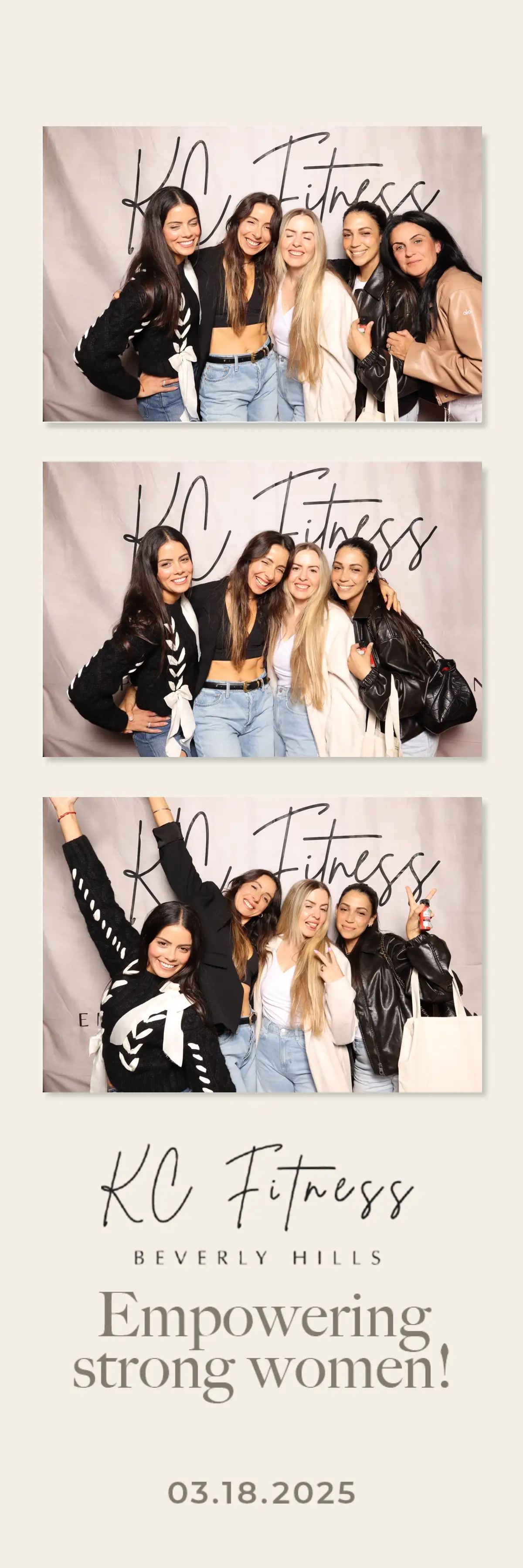 Five women smiling and posing in front of a banner reading "KC Fitness, Beverly Hills." Text: "Empowering strong women! 03.18.2025."