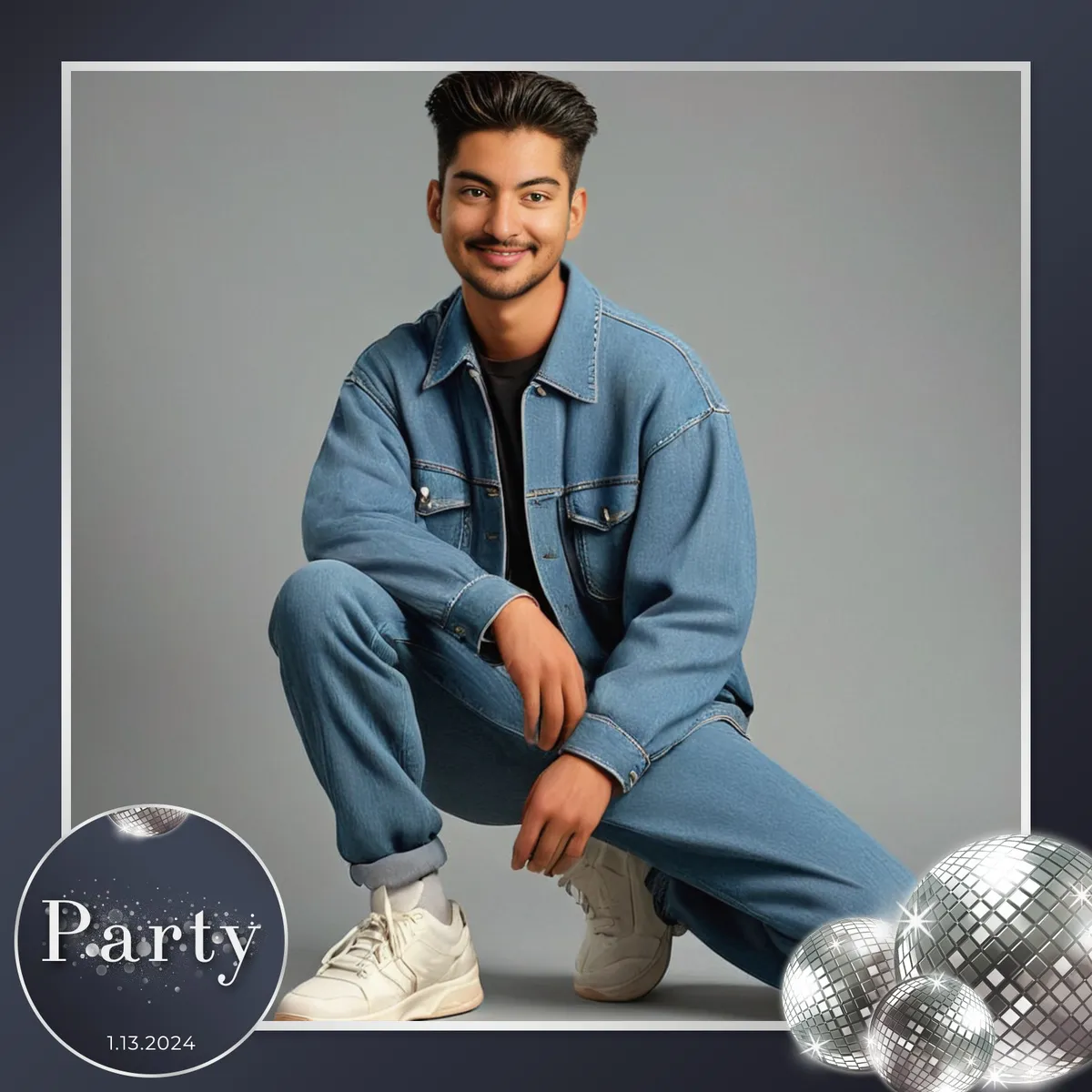 Smiling person in denim kneels against a gray background. Disco balls and "Party 1.13.2024" text in the corner, creating a festive mood.