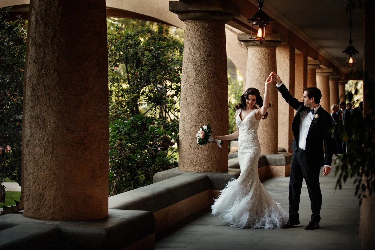 Happy couple dancing, Green Castle Pasadena wedding